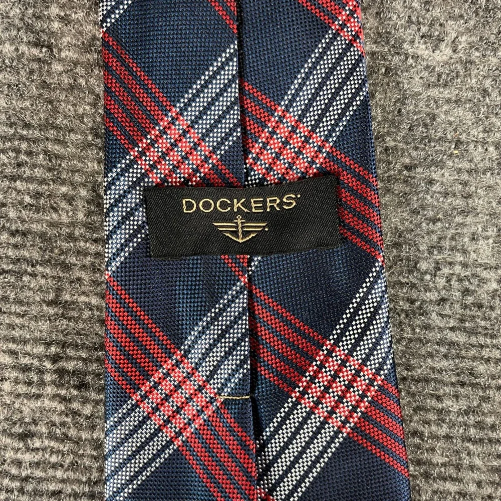 Dockers Mens Navy Blue Red White Plaid Silk Blend Necktie Tie